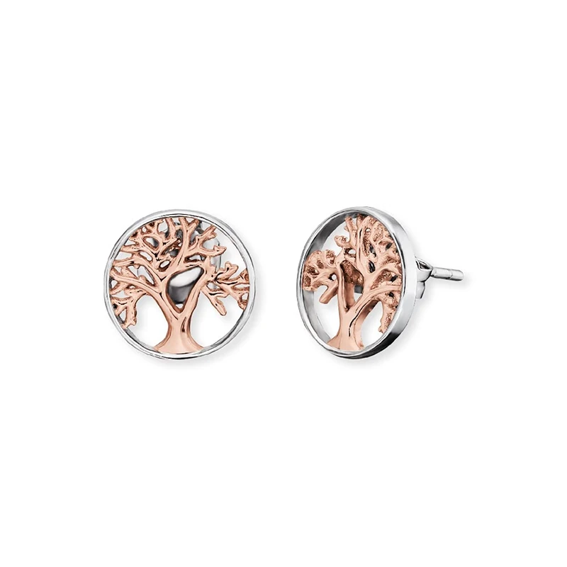 Engelsrufer Tree of Life Ear Studs for Women Bicolour Rhodium and Rose Gold Plated 925 Sterling Silver Size 12 mm (0.47")