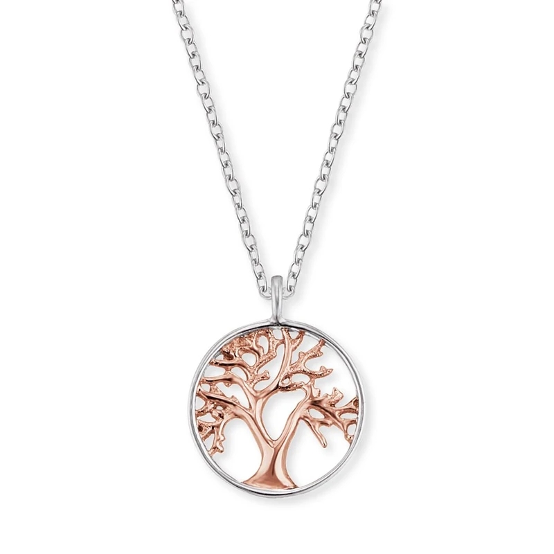 Engelsrufer Tree of Life Necklace with Pendant for Women Bicolour Rhodium and Rose Gold Plated 925 Sterling Silver Length 40 cm (15.75") + 4 cm (0.16")