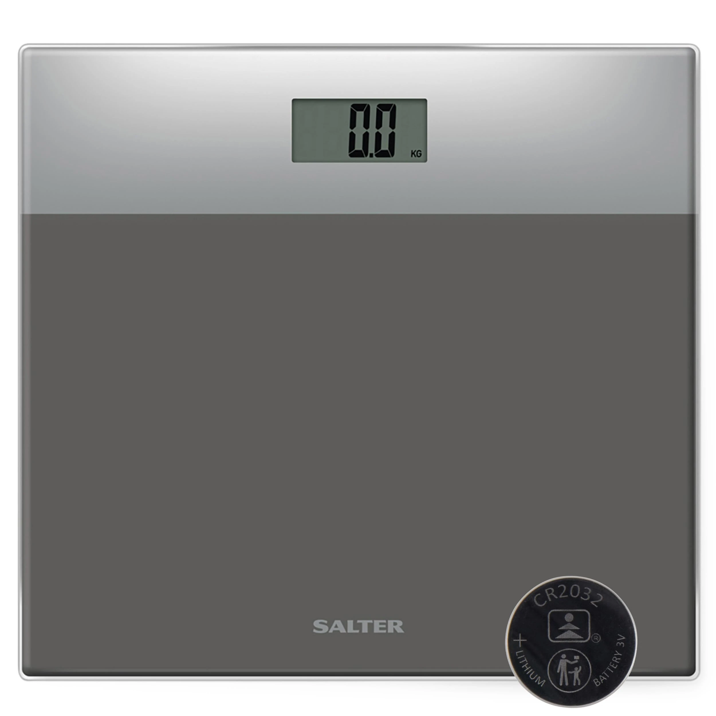 Salter Digital Bathroom Scale – Easy Read LCD Display, 180 kg/ 28 st Capacity, Instant Read Step On Activation, Battery Included, Neat Storage, 15 Year Guarantee, Two Tone Design, Silver/Grey