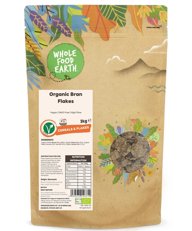 Wholefood Earth Organic Bran Flakes 3kg Vegan | GMO Free | High Fibre | Certified Organic