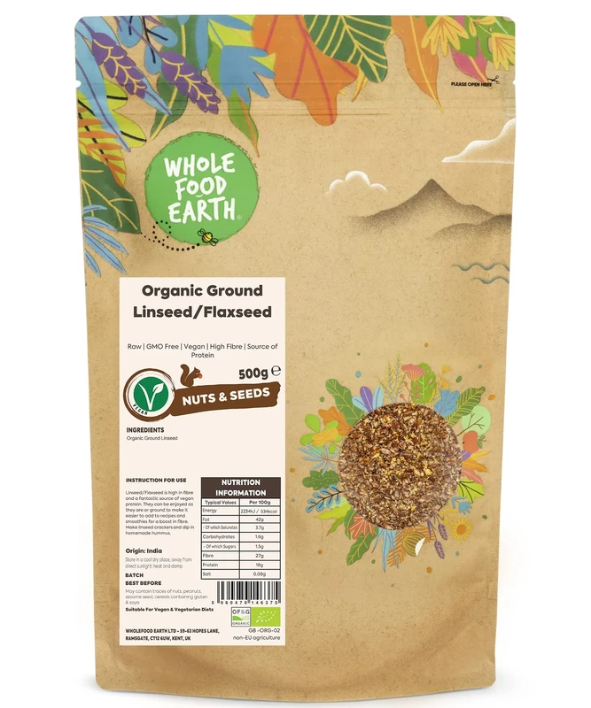 Wholefood Earth Organic Ground Linseed/Flaxseed 500g Raw | GMO Free | Vegan | High Fibre | Source of Protein | Certified Organic