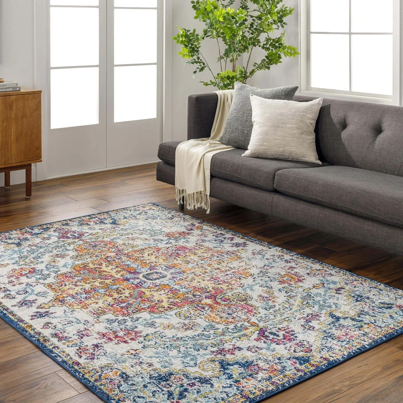 Livabliss Asmara Vintage Rug - Area Rugs Living Room 160x220 cm, Dining Floor, Kitchen, Traditional Multicoloured Boho Style, Easy Care Pile, Bohemian Large Rug, Blue and Orange