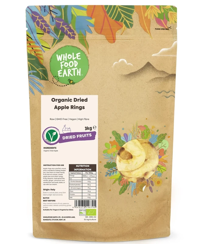 Wholefood Earth Organic Dried Apple Rings – 3 kg | Raw | GMO Free | Vegan | High Fibre | Certified Organic