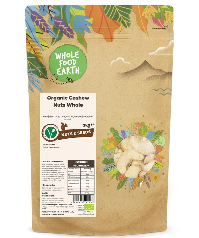 Wholefood Earth Organic Cashew Nuts Whole – 2 kg | Raw | GMO Free | Vegan | High Fibre | Source of Protein | Certified Organic