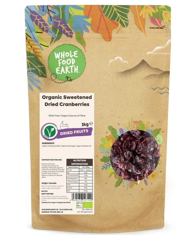 Wholefood Earth Organic Sweetened Dried Cranberries – 3 kg | GMO Free | Vegan | Source of Fibre | Certified Organic