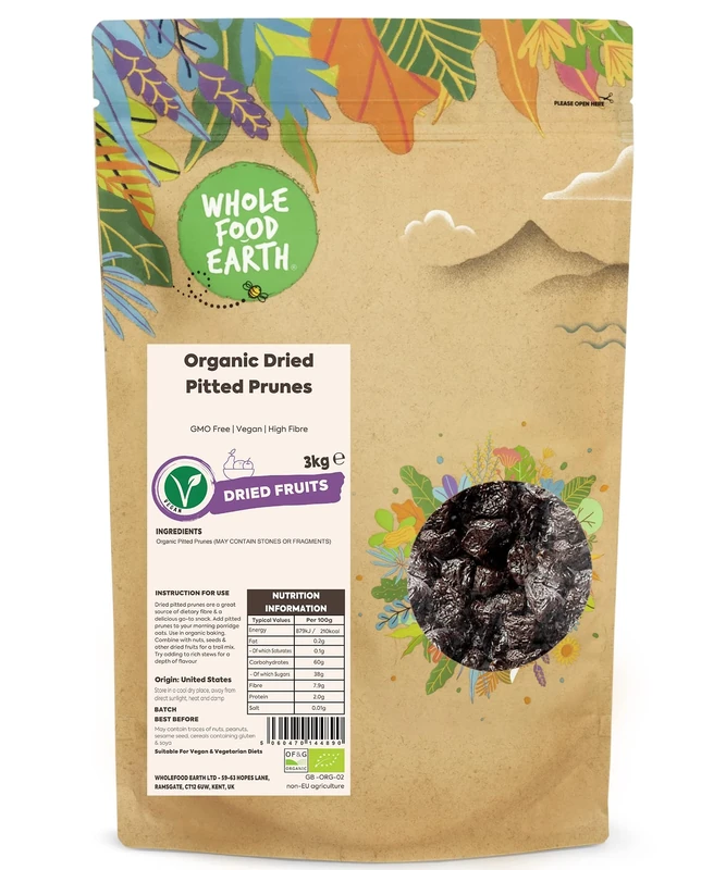 Wholefood Earth Organic Dried Pitted Prunes – 3 kg | GMO Free | Vegan | High Fibre | Certified Organic