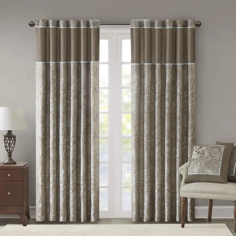 Madison Park Aubrey 2 Panel Curtain Faux Silk Paisley Jacquard, Rod Pocket Curtain for Living Room, Kitchen, Room Darkening Window Drape for Bedroom and Dorm, 2-PK 50x84, Taupe