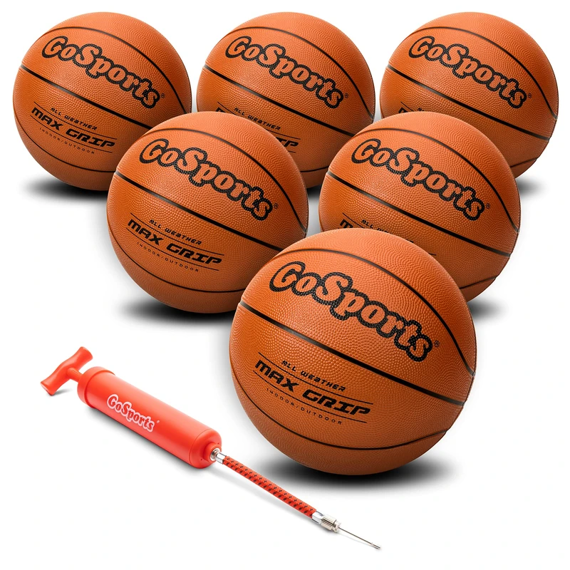 GoSports Indoor/Outdoor Rubber Basketballs - Six Pack of Size 6 Balls with Pump & Carrying Bag
