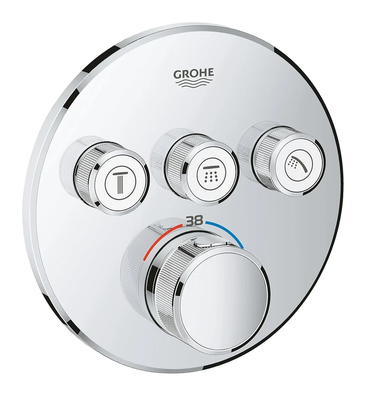 GROHE Grohtherm SmartControl - Water Saving Thermostat for Shower/Bath - Concealed Installation for GROHE Rapido SmartBox (35 600) - 3 Valves - Round Shape - Safety Button at 38°C - Chrome - 29121000