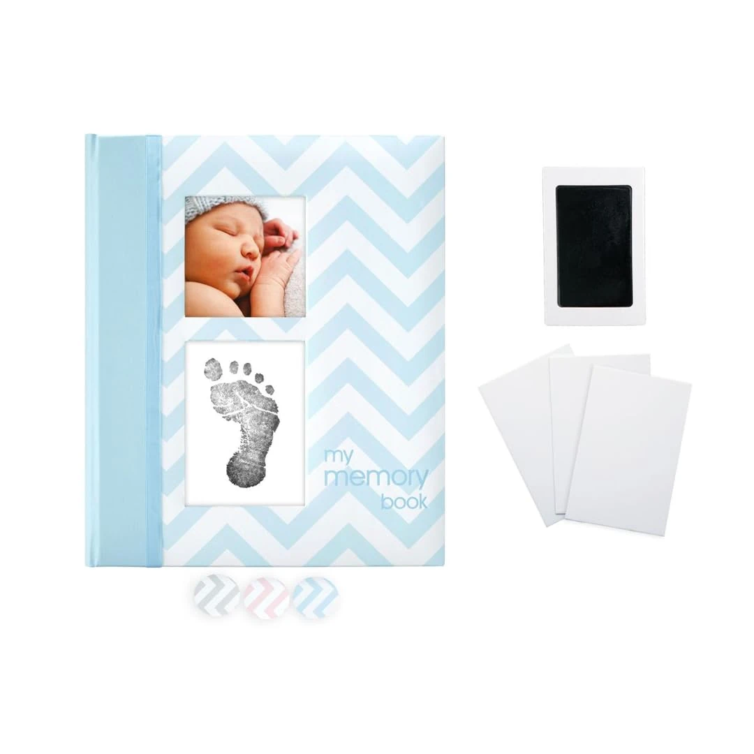 Pearhead First 5 Years Chevron Baby Memory Book with Included Clean-Touch Baby Safe Ink Pad to Create Baby's Handprint or Footprint, Keepsake Milestone Journal, Spanish Language, Blue