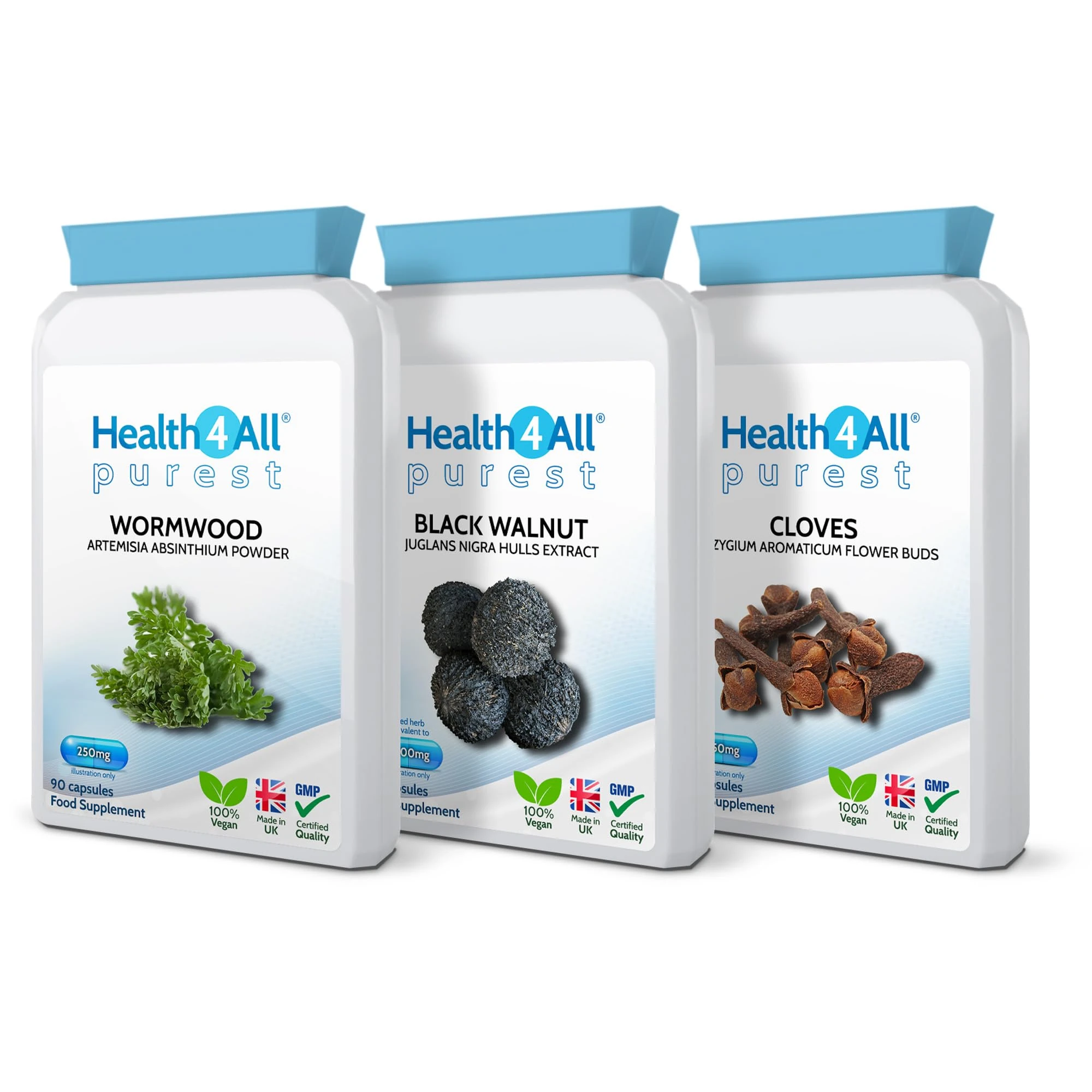 Health4All Wormwood, Black Walnut, Cloves Digestive Intestinal Detox Cleanse for Humans Set, 3x90 270 Capsules, 3 Step Gut Cleanse & Repair, Purest Vegan Intestinal Detox Supplement | Made in UK