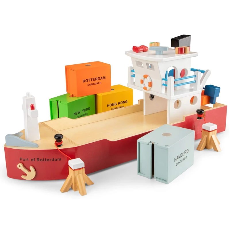 New Classic Toys Wooden Container Ship with 4 containers for Preschool Age Toddlers Boys Girls