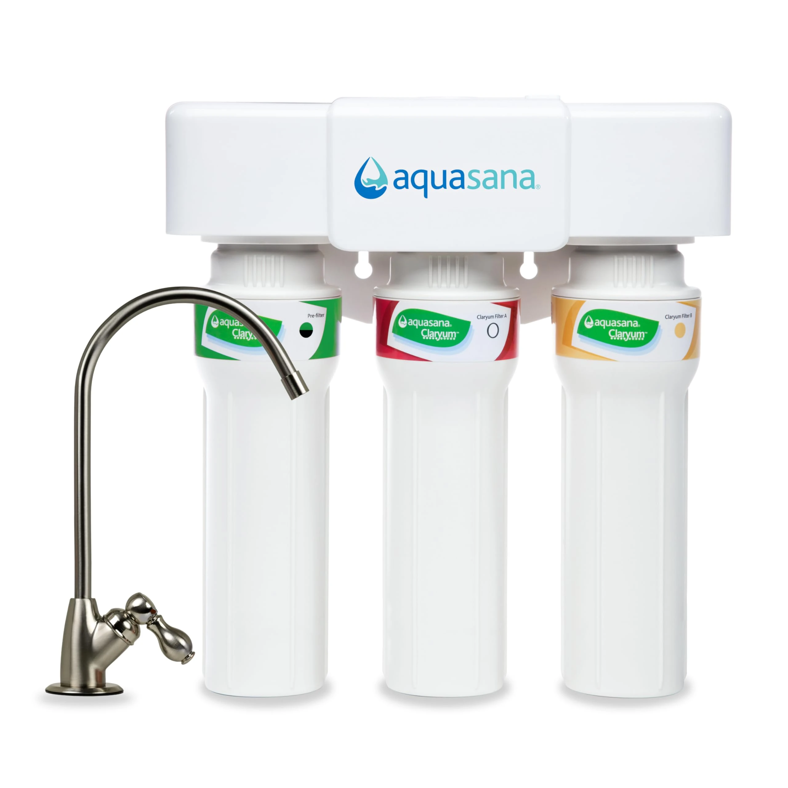 Aquasana 3-Stage Max Flow Claryum Under Sink Water Filter System - Kitchen Counter Claryum Filtration - Filters 99% Of Chlorine - Brushed Nickel Faucet - AQ-5300+.55, White