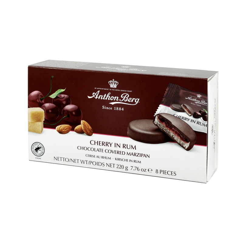 Anthon Berg Dark Chocolate Covered Marzipan Treats, Cherry in Rum, with a Delicious Jam of Fresh Fruits, 220 g Box, (Pack of 1)