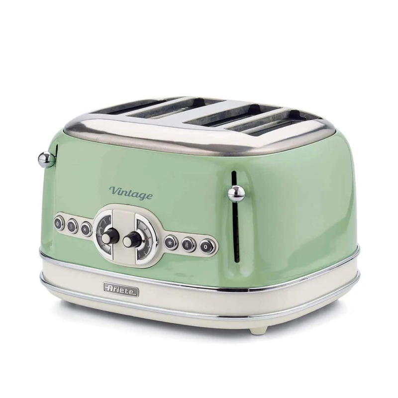 Ariete 0156/04 Retro Style 4 Slice Toaster with 2 Slice Control, 6 Browning Levels and Removable Crumb Tray, Cool Touch Sides, Non-Slip Feet, Vintage Design, Green