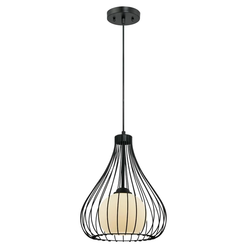 62051 One-Light Indoor Pendant, Matte Black Finish with Metal Cage and Frosted Globe