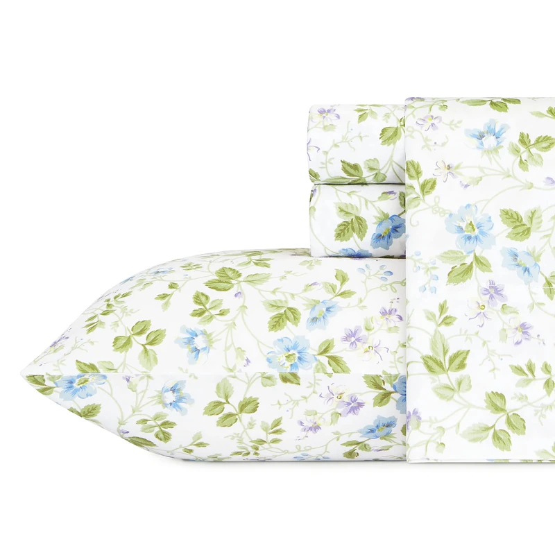 Laura Ashley Home - Sateen Collection - Sheet Set - 100% Cotton, Silky Smooth & Luminous Sheen, Wrinkle-Resistant Bedding, Queen, Spring Bloom Wildflower