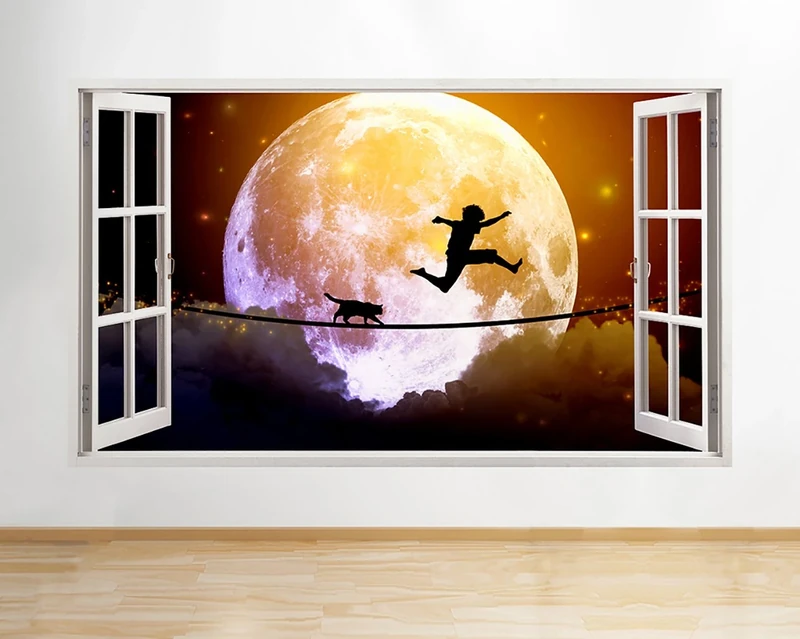 Q544 Moon Cat Silhouette Bedroom Window Wall Decal 3D Art Stickers Vinyl RoomKids Bedroom Baby Nursery Cool Livingroom Hall Boys Girls