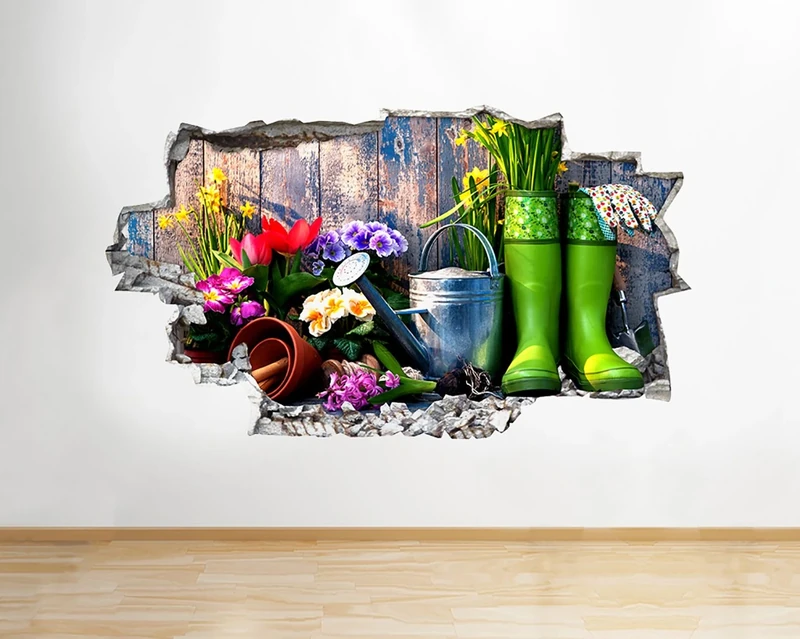 Q620 Gardening Hobby Flowers Hall Smashed Wall Decal 3D Art Stickers Vinyl RoomKids Bedroom Baby Nursery Cool Livingroom Hall Boys Girls