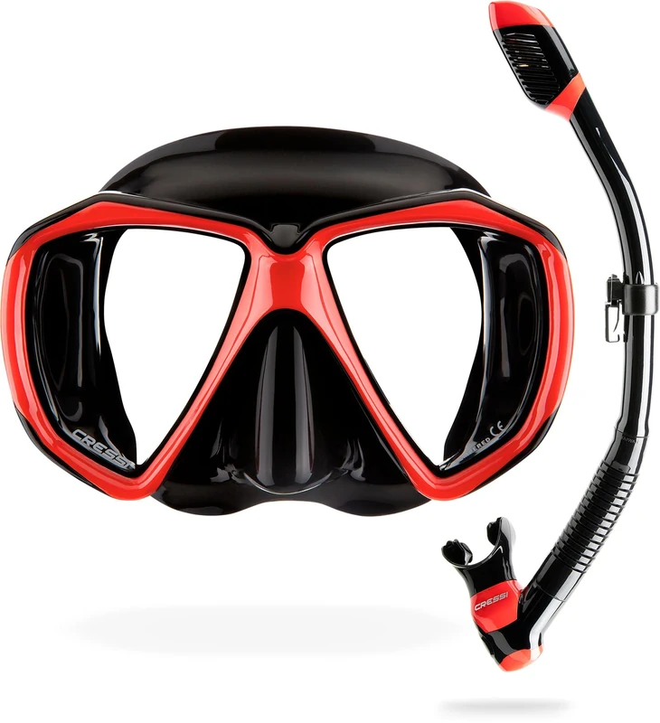 CRESSI Set Ranger & Dry - Snorkeling Combo Set for Adults, Mask and Snorkel in Practical Case, Black/Red, One Size