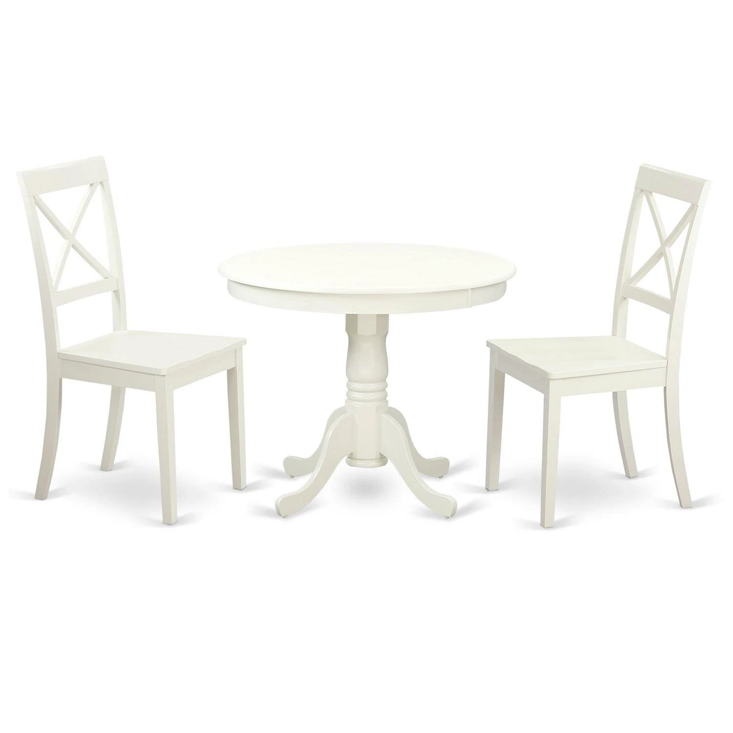 East West Furniture ANBO3-LWH-W 3 PC Set with One Round Table & Two Solid Wood Kitchen Chairs Having A Rich Linen White Finish