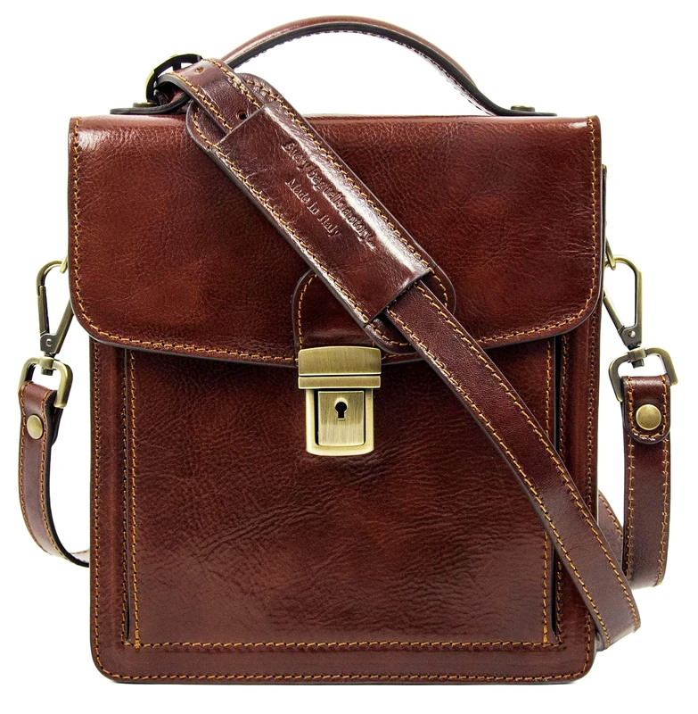 Time Resistance Leather Small Briefcase for Men Brown Crossbody Bag
