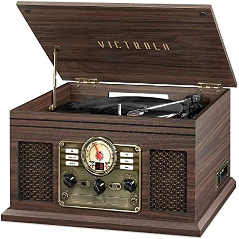 Victrola The Quincy 6-in-1 Bluetooth Record Player & Multimedia Centre with Built-in Speakers – 3-Speed Turntable, CD & Cassette Player, AM/FM Radio, Wireless Music Streaming (Espresso)