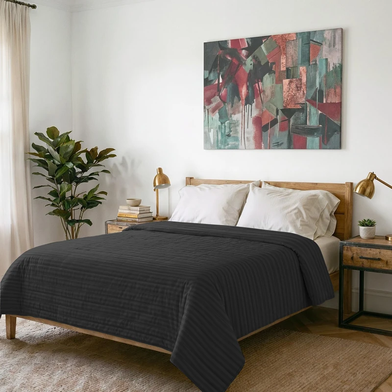 Italian Bed Linen Satin Summer Quilt, Polyester, Black, 260x250cm - Image 1