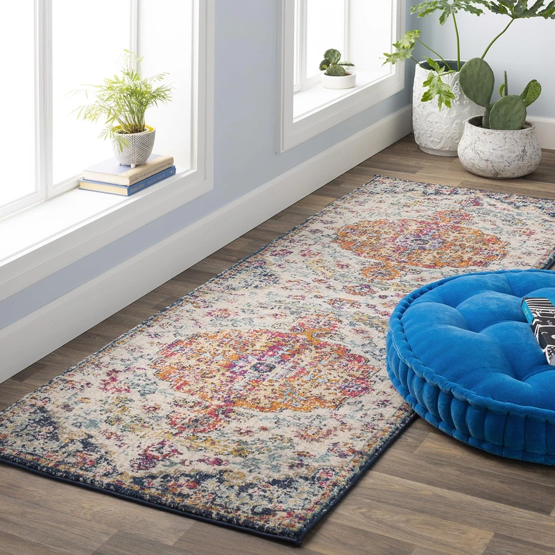 Livabliss Lou Asmara Vintage Carpet Runner 80x220 cm, Traditional Multicolour Boho Design for Hallway, Living Room & Kitchen, Easy Care Pile, Blue Orange