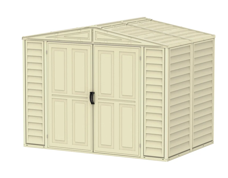 Duramax DuraMate 8 x 6 (3.90 m2) Plastic Garden Storage Shed with Metal Foundation Kit, Skylight kit included, Strong Metal Roof Structure, Maintenance-Free Vinyl Shed - Ivory