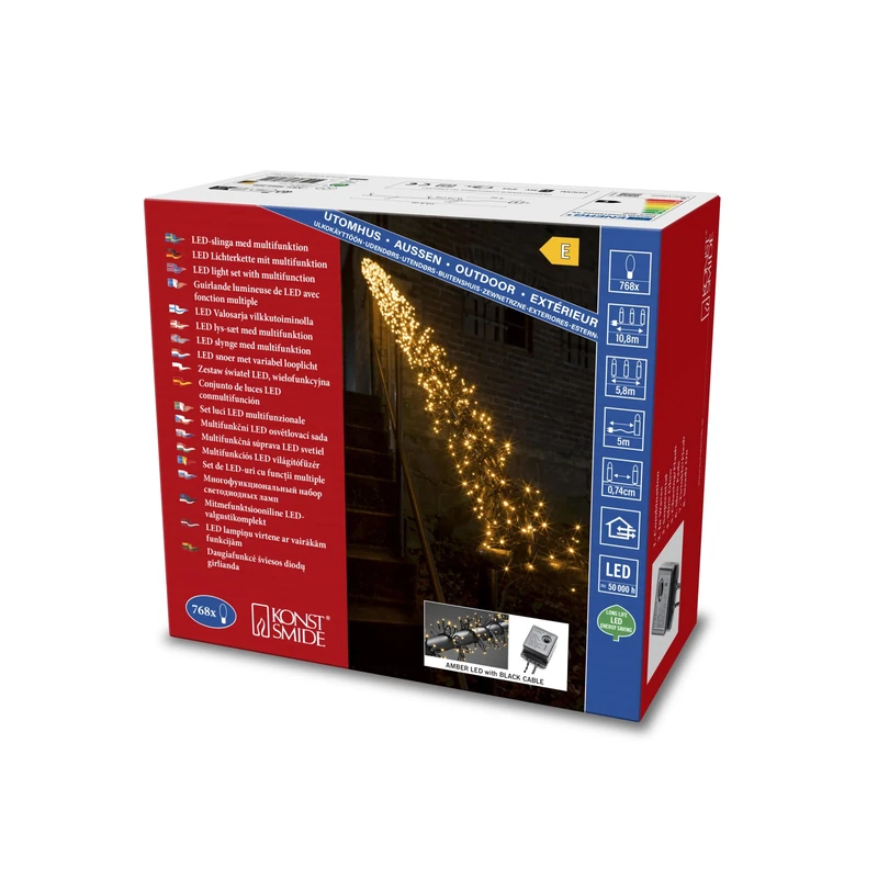 Konstsmide Micro LED Cluster Christmas Lights / Outdoor or Indoor (IP44) / 36V Transformer / 8 Functions, with Memory Control Unit / 768 Amber Diodes / Black Cable String Lights
