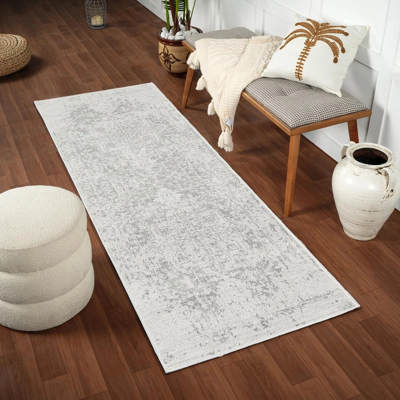 Livabliss Juliette Syracusa Vintage Carpet Runner 80x220 cm, Scandi Neutral Boho Traditional Pattern for Hallway & Living Room, Easy Care Pile, Grey Beige