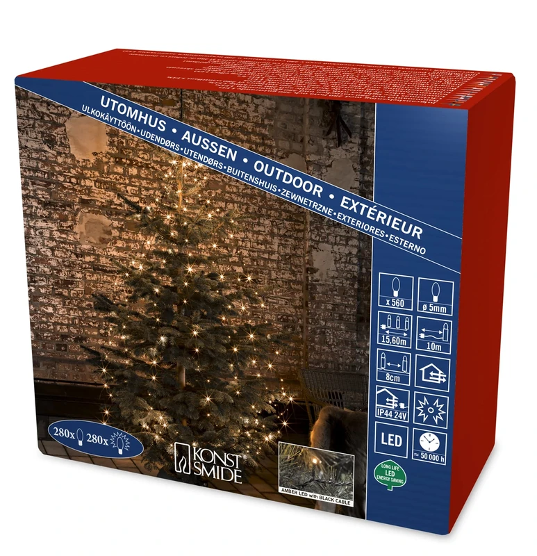 Konstsmide LED "Halo Tree System" Christmas Lights Outdoor 8 Strands of 70 Diodes, with FireFly Lights/Outdoor or Indoor Use (IP20)/560 Amber White Diodes/5.6m/String Lights Black Cable