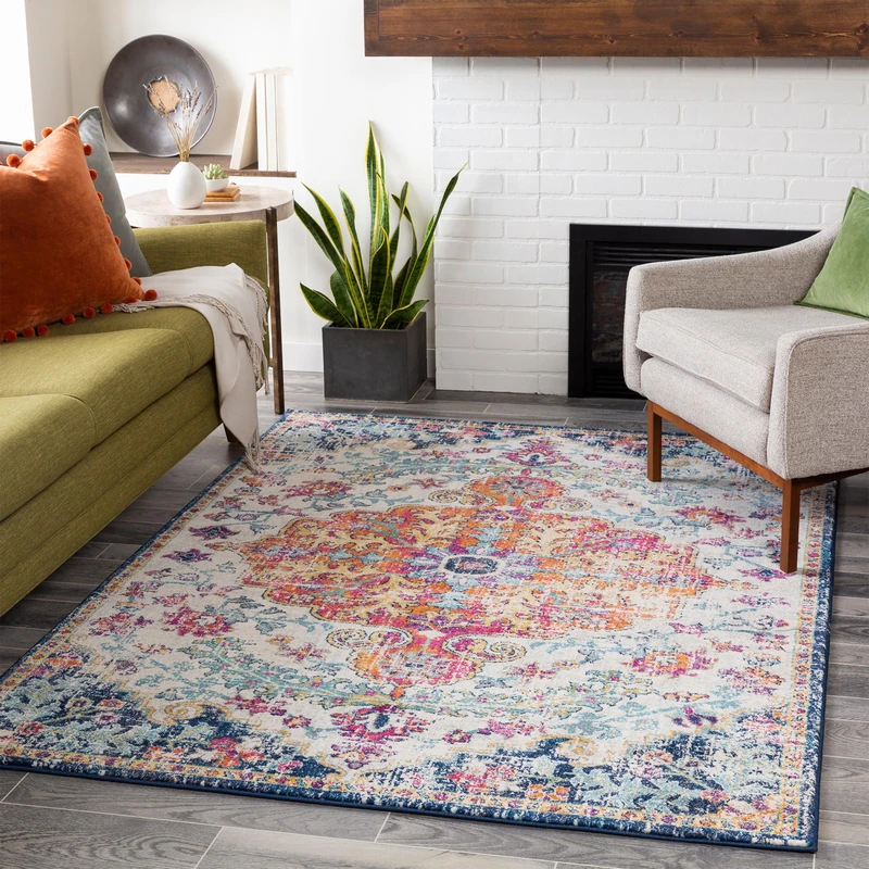 Livabliss Lou Asmara Vintage Rug for Living Room, Dining & Kitchen 120x170 cm, Traditional Boho Design, Multicoloured Blue and Orange, Easy Care Pile, Large Floor Covering