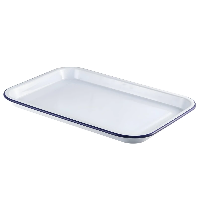 Enamel Serving Tray White with Blue Rim 38.2cm x 26.4cm - Set of 4 - Rustic Baking Tray, Enamelware