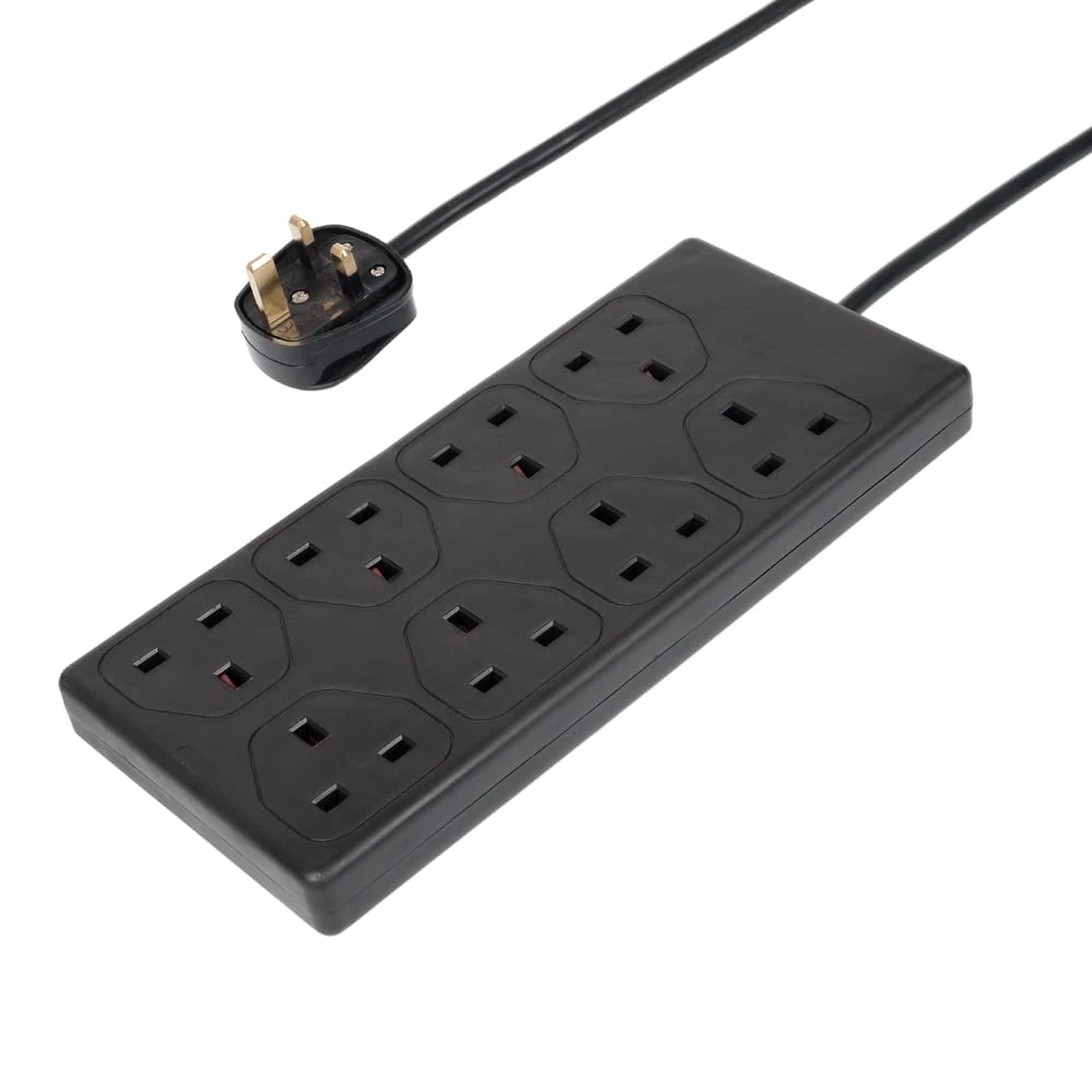 Invero® 8 Way Gang Power Mains Extension Lead 1M Metre Cable British Approved 13A Amps - Black