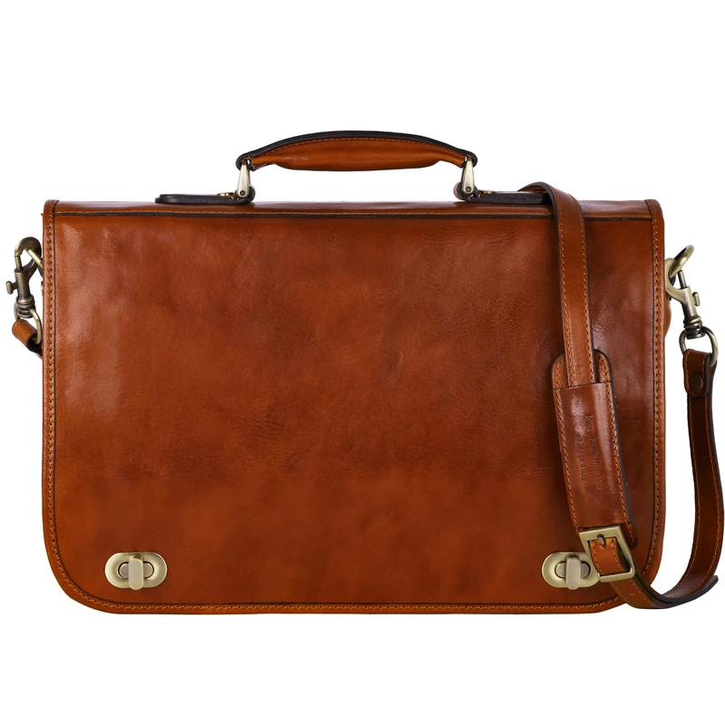 Time Resistance Leather Briefcase Hand-Crafted Shoulder Messenger Bag for Laptop up to 15 Inch Light Brown - Image 1