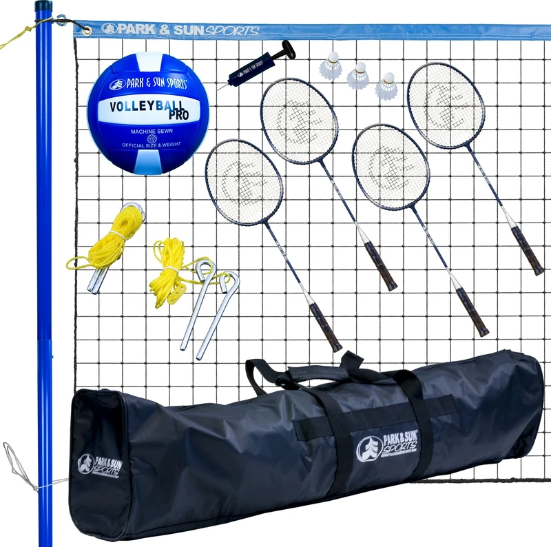 Park & Sun Sports Volley Sport Combo Set: Portable Outdoor Badminton/Volleyball Net System, Blue