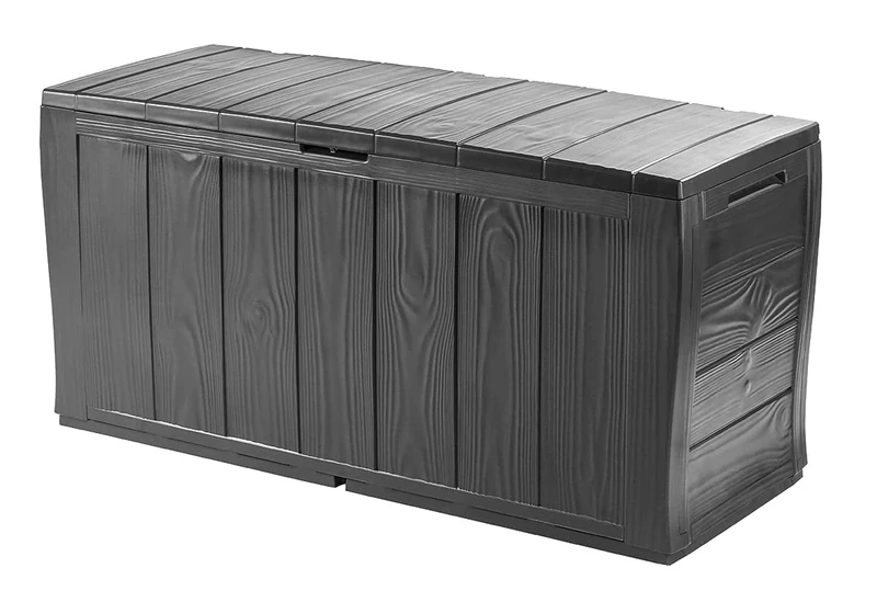 Keter Trunk in Resin Made of Panels with Wood Effect, Including Wheels, Lockable, 117 x 45 x 57.5 cm, 270 Lt, Gray Graphite