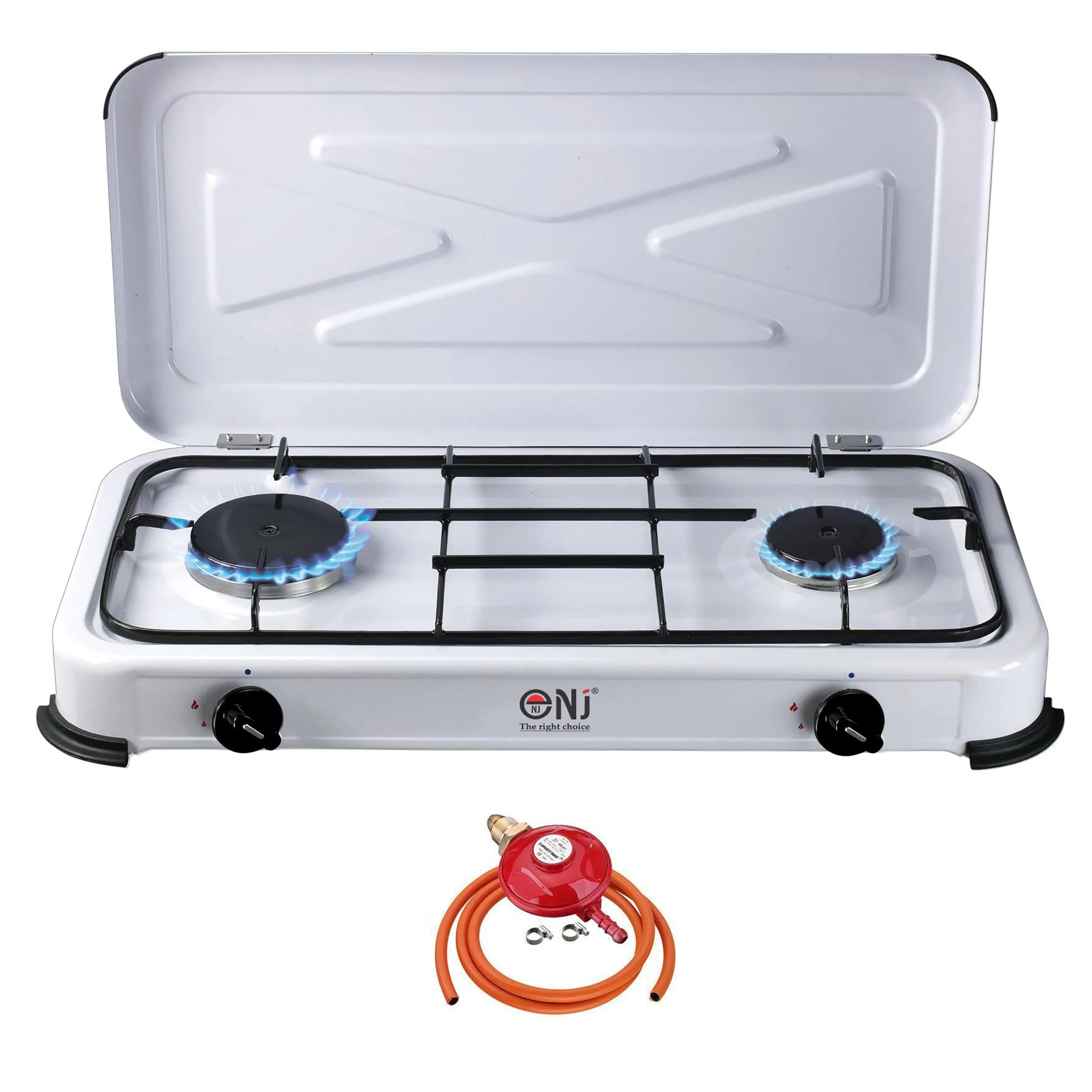NJ The Right Choice Portable 2 Burner Gas Hob LPG Cooker with Lid for Outdoor 3.4 kW (Propane 37mbar Screw-on)