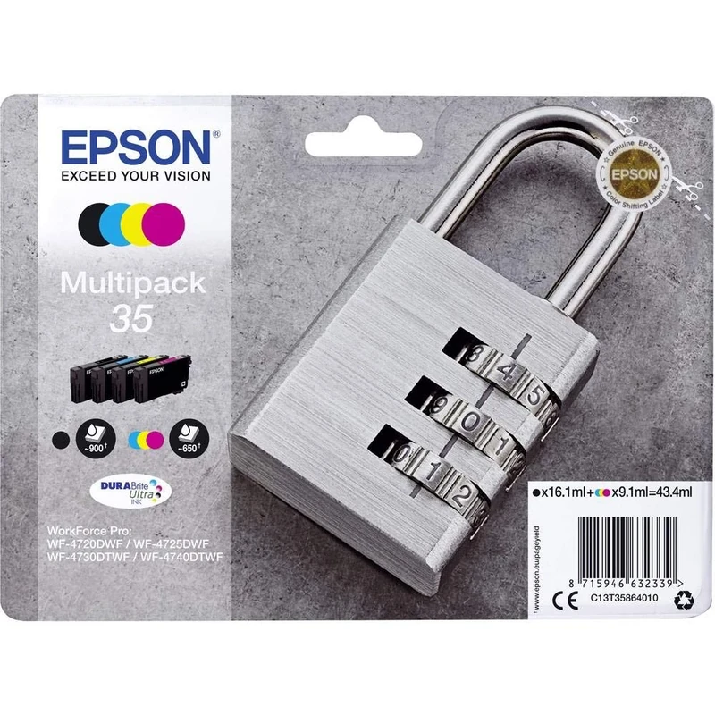 Epson 35 Padlock Genuine Multipack, 4-colours Ink Cartridges, DURABrite Ultra Ink, Black/Yellow/Magenta/Cyan, Standard