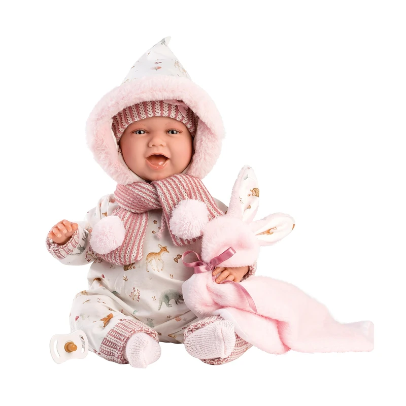 Llorens 1074030 Mimi Rabbit Doll with Blue Eyes and Soft Body, Baby Doll with Outfit, Dummy, Dummy Chain and Soft Blanket with Forest Animal Motifs, 42 cm