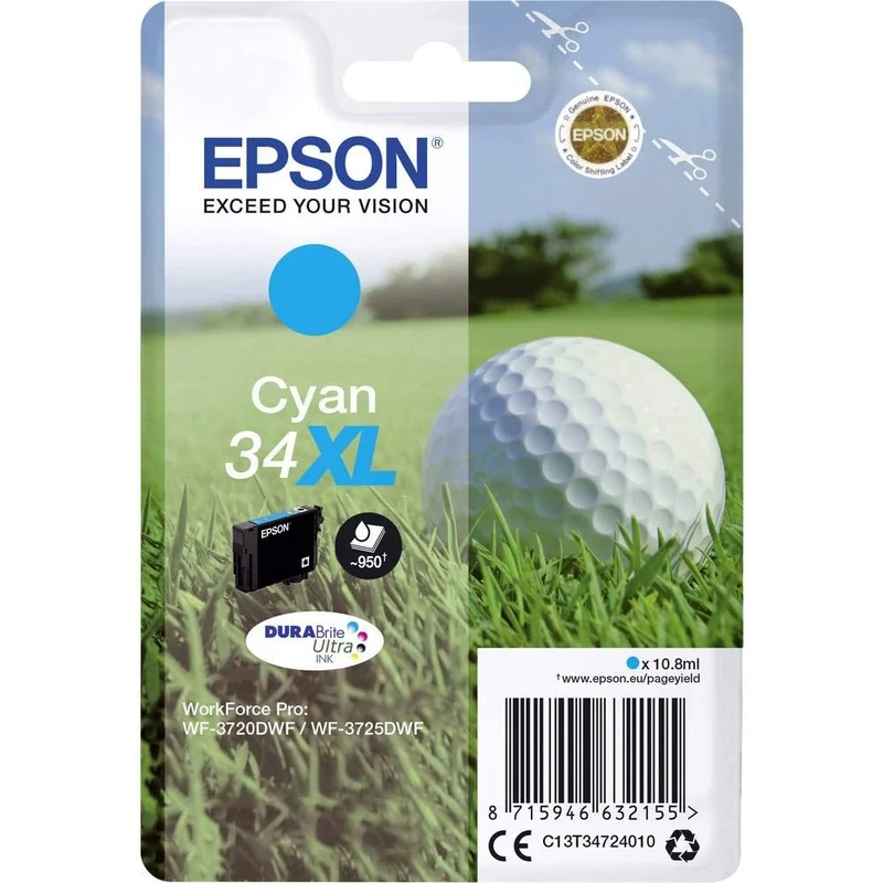 Epson 34XL Cyan Golfball Genuine High Yield, DURABrite Ultra Ink Cartridge