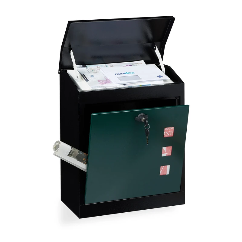 Relaxdays Large Letterbox, Steel, Security Flap, Lock, HxWxD: 53 x 43.5 x 26 cm, Wall Mailbox, Black-Green