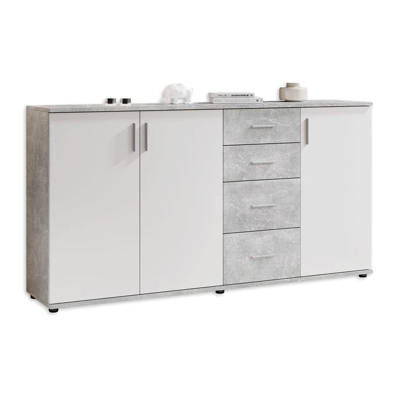 Stella Trading BOBBY Chest of Drawers in Concrete Look, White, Modern Sideboard with Lots of Storage Space for Your Living Area, 160 x 82 x 35 cm (W x H x D) - Image 1