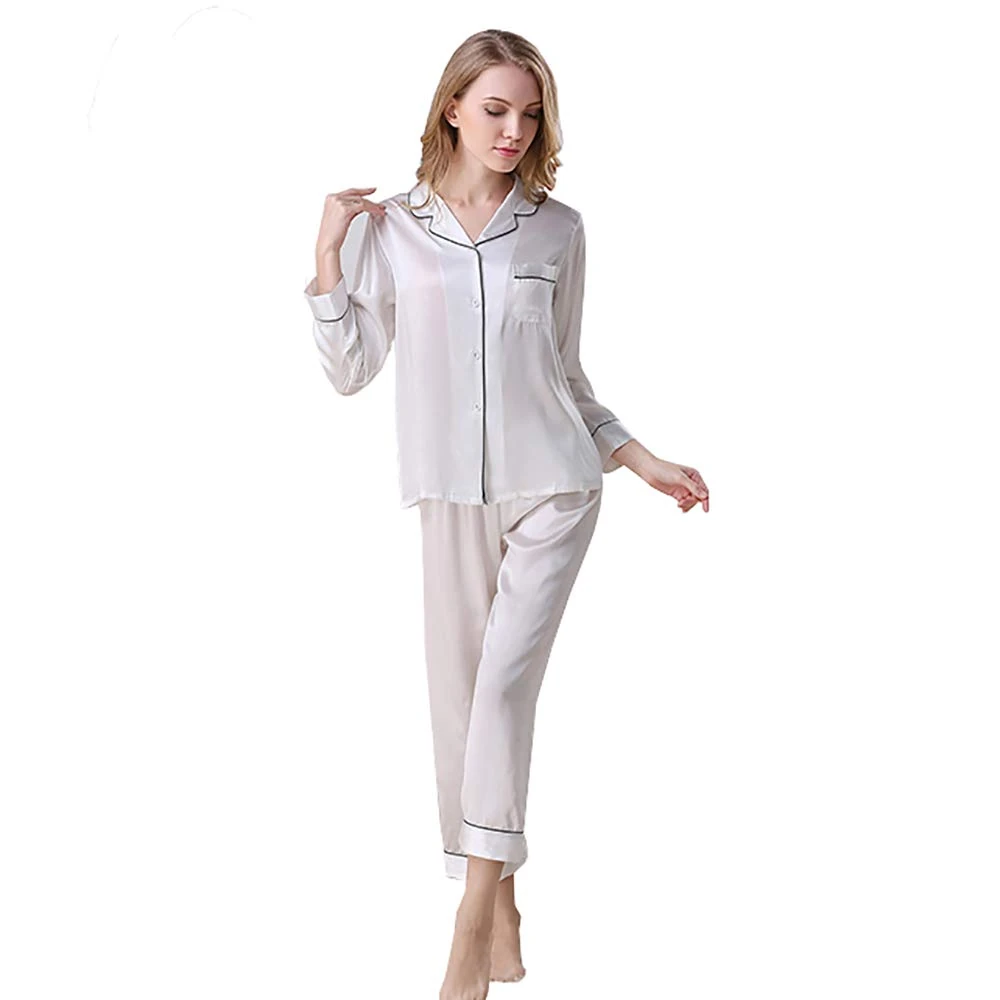LSHARON Women's Sexy 100% Mulberry Silk Long Sleeves Pyjama Sets Nightwear Sleepwear Nightgown (S(Tag L), White)