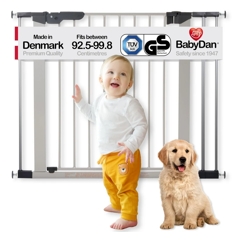 BabyDan Premier, Pressure Fit Stair Gate, 92.5-99.8 cm, Baby Gate/Safety Gate, Metal, Silver, Made in Denmark - (Pet Gate/Dog gate)
