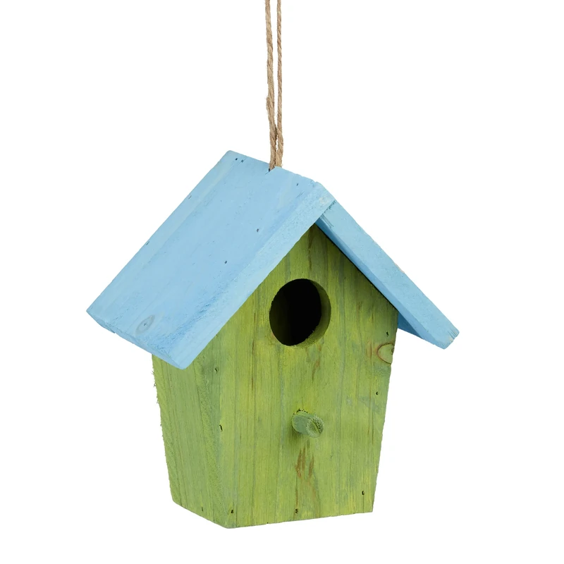 Relaxdays Colorful Deco Birdhouse, Wooden, Small Bird Feeder, Hanging Spring Decor, HxWxD: 16 x 15 x 8 cm, Green