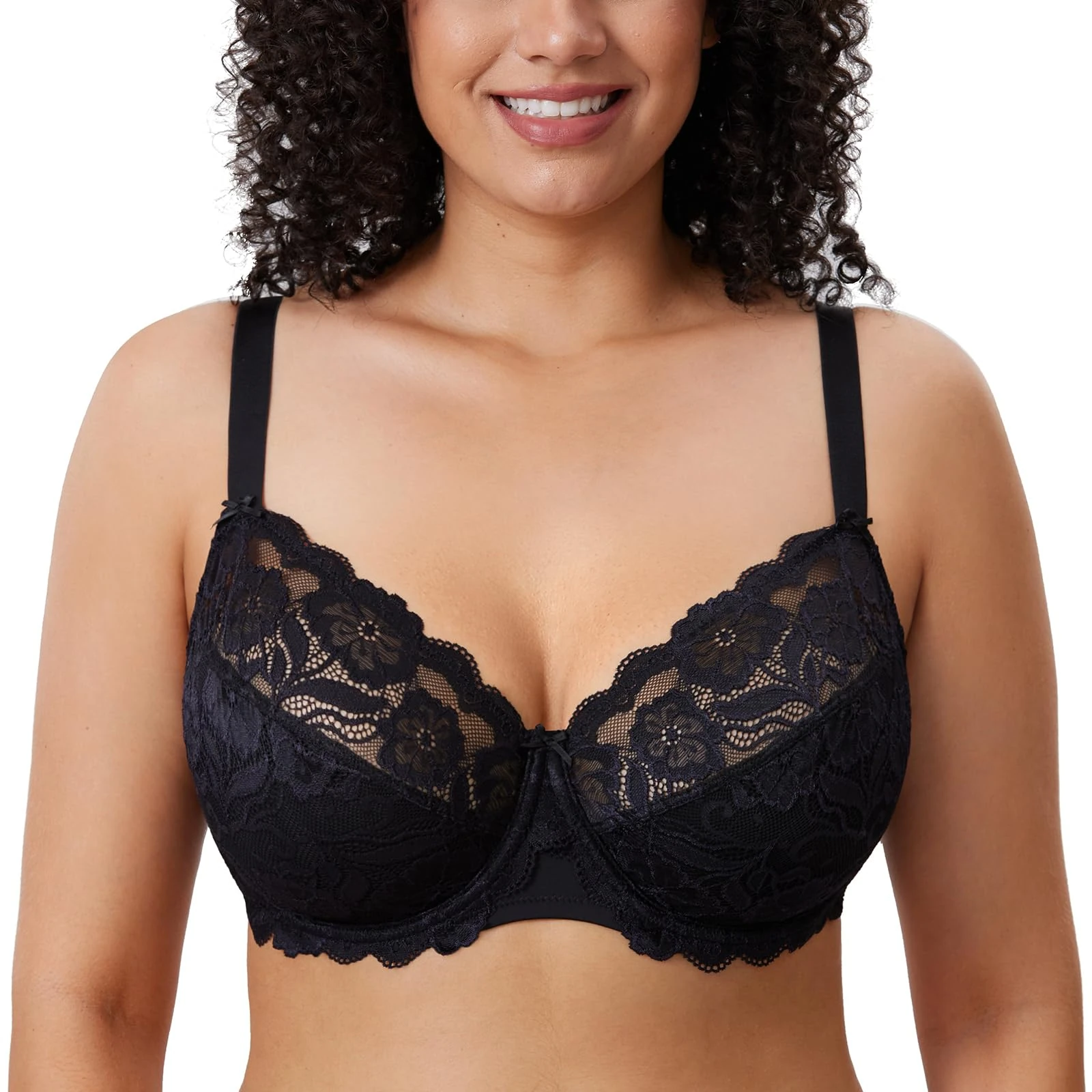 Delimira Women's Full Coverage Non-Foam Floral Lace Plus Size Underwired Bra Black 40E