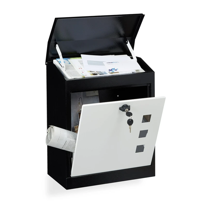 Relaxdays Large Letterbox, Steel, Security Flap, Lock, HxWxD: 53 x 43.5 x 26 cm, Wall Mailbox, Black-White